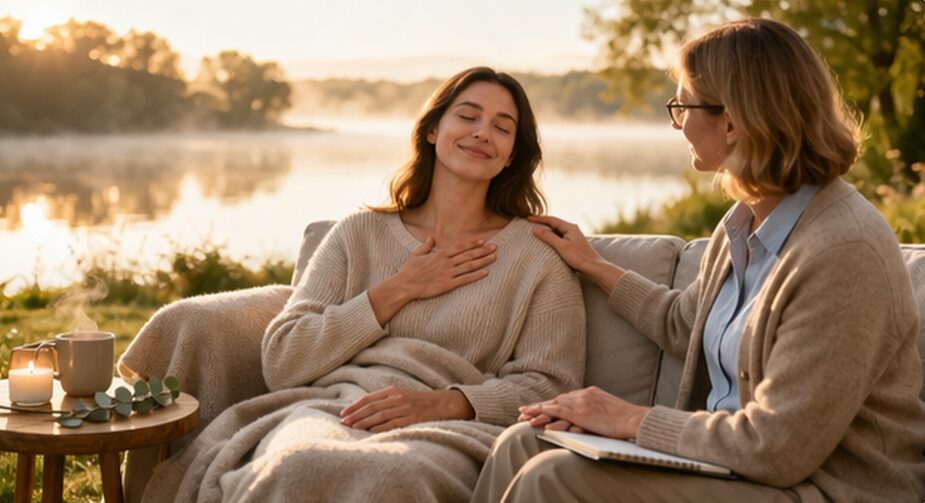 Supportive therapist helping a client feel calm and safe