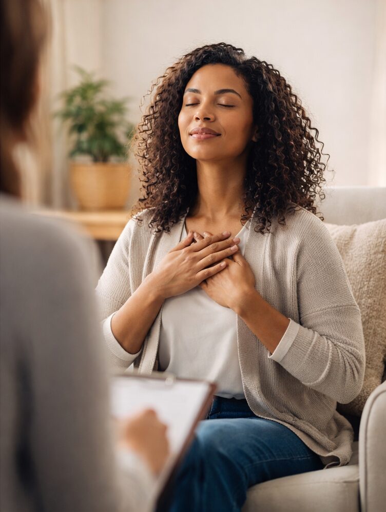 Person feeling calm and grounded through mindfulness-based therapy